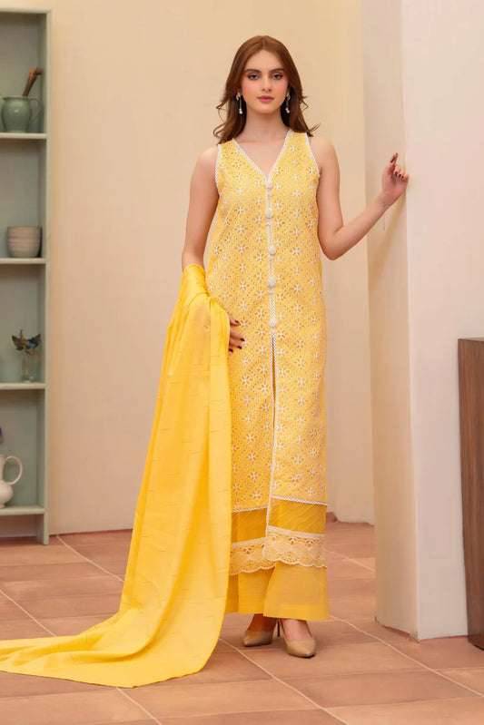 MIRAKHI - 3PC LAWN CHIKENKAARI EMBROIDERED SHIRT WITH LAWN TUBE SLUB DUPATTA AND TROUSER-W.J-1749