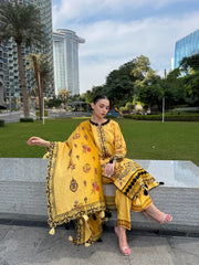 WEARJORA-3PC KARANDI PRINTED EMBROIDERED SHIRT WITH KARANDI PRINTED EMB SHAWL & PRINTED TROUSER-W.J-0124