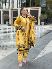 WEARJORA-3PC KARANDI PRINTED EMBROIDERED SHIRT WITH KARANDI PRINTED EMB SHAWL & PRINTED TROUSER-W.J-0124