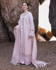 QALAMQAR-3PC LAWN LASERCUTWORK EMBROIDERED SHIRT WITH KHAADI NET EMBROIDERED DUPATTA AND TROUSER-W.J-4726