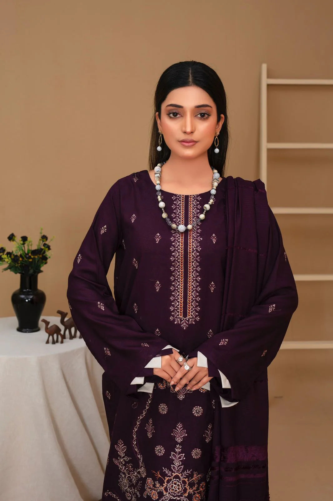 WearJora-3PC Dhanak Embroidered Shirt with Velvet Dhanak Shawl and Trouser-W.J-1288