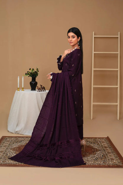 WearJora-3PC Dhanak Embroidered Shirt with Velvet Dhanak Shawl and Trouser-WJ-1926