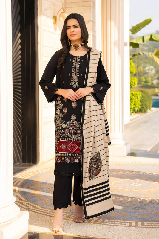 WearJora-3PC DHANAK EMBROIDERED SHIRT WITH HEAVY CUTWORK EMBROIDERED JACQUARD WOOL SHAWL W.J-1385