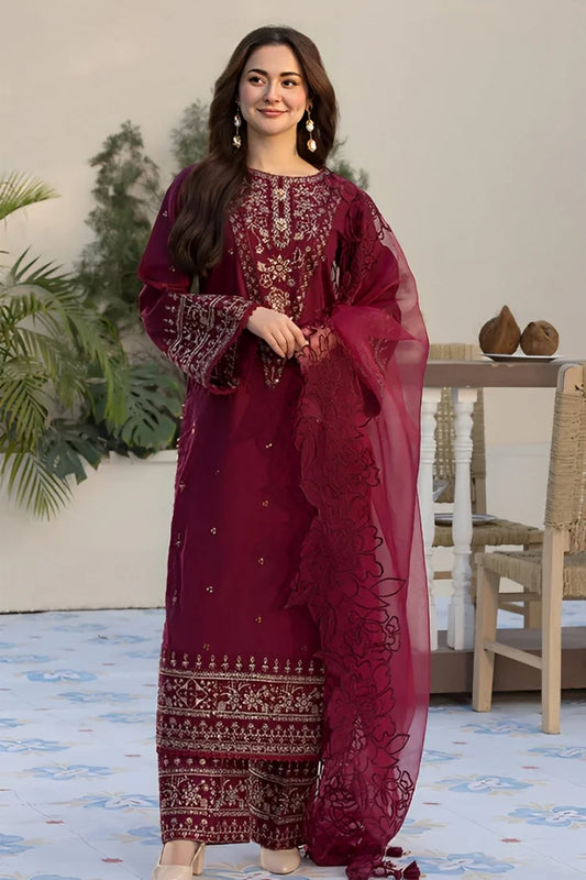 QALAMQAR-3PC DHANAK EMBROIDERED SHIRT WITH ORGANZA EMBROIDERED DUAPATTA AND EMB TROUSER-W.J-1845