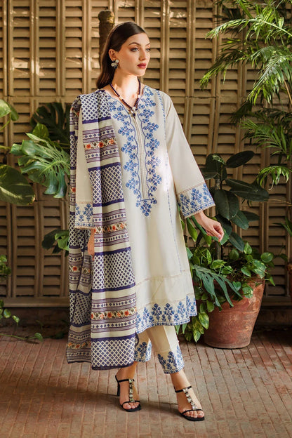 ZIVA-3PC LAWN EMBROIDERED SHIRT WITH MONARK PRINTED DUPATTA & EMB TROUSER-W.J-1562