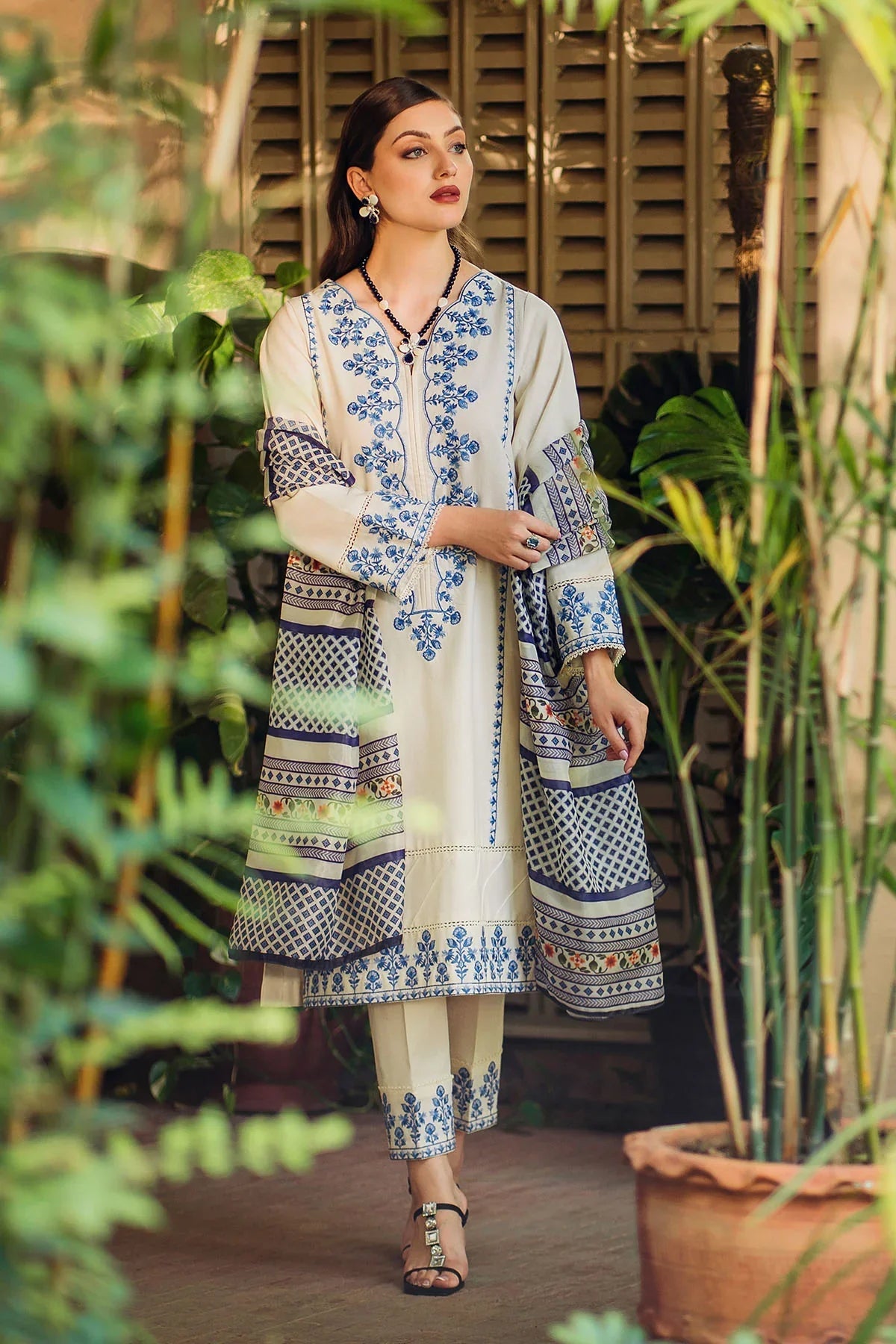 ZIVA-3PC LAWN EMBROIDERED SHIRT WITH MONARK PRINTED DUPATTA & EMB TROUSER-W.J-1562