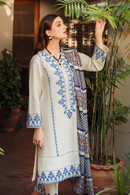 ZIVA-3PC LAWN EMBROIDERED SHIRT WITH MONARK PRINTED DUPATTA & EMB TROUSER-W.J-1562