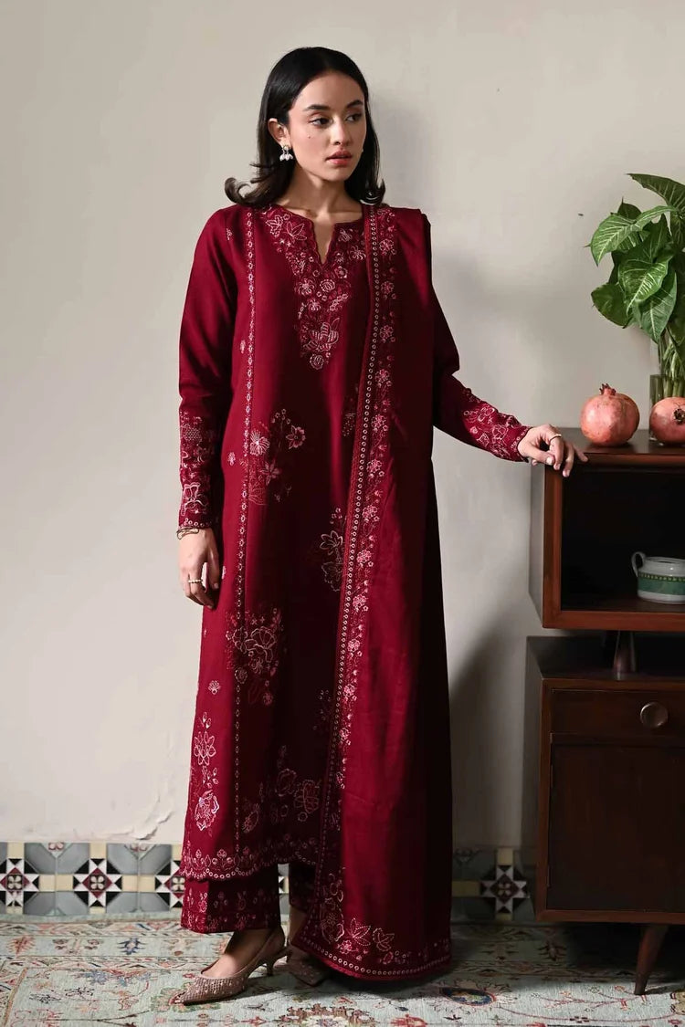 ZAIB-3PC DHANAK EMBROIDERED SHIRT WITH DHANAK EMBROIDERED SHAWL AND TROUSER-W.J-5031
