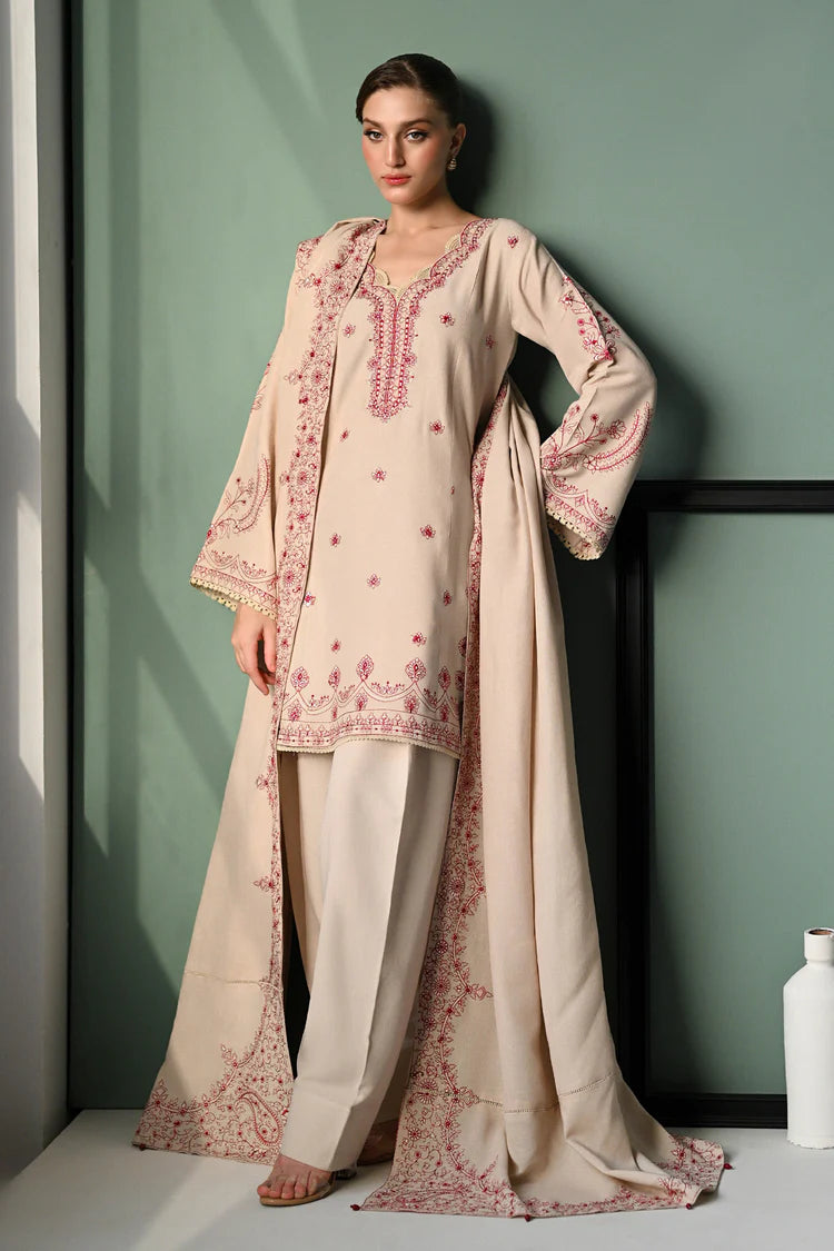 ZAIB-3PC DHANAK EMBROIDERED SHIRT WITH DHANAK EMBROIDERED SHAWL AND TROUSER-W.J-4352