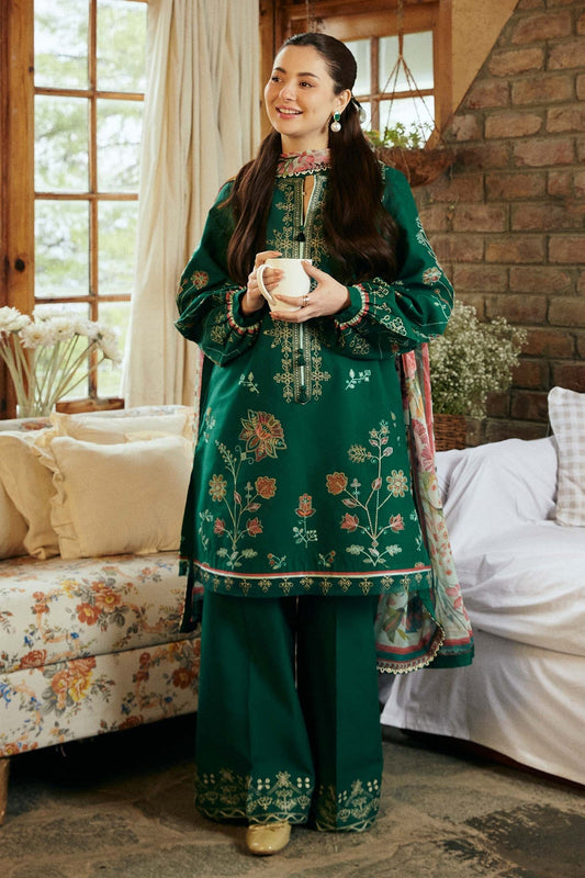 ZARA SHAHJAHAN-3PC LAWN EMBROIDERED SHIRT WITH MONARK PRINT DUPATTA & EMBROIDERED TROUSER-W.J-1510