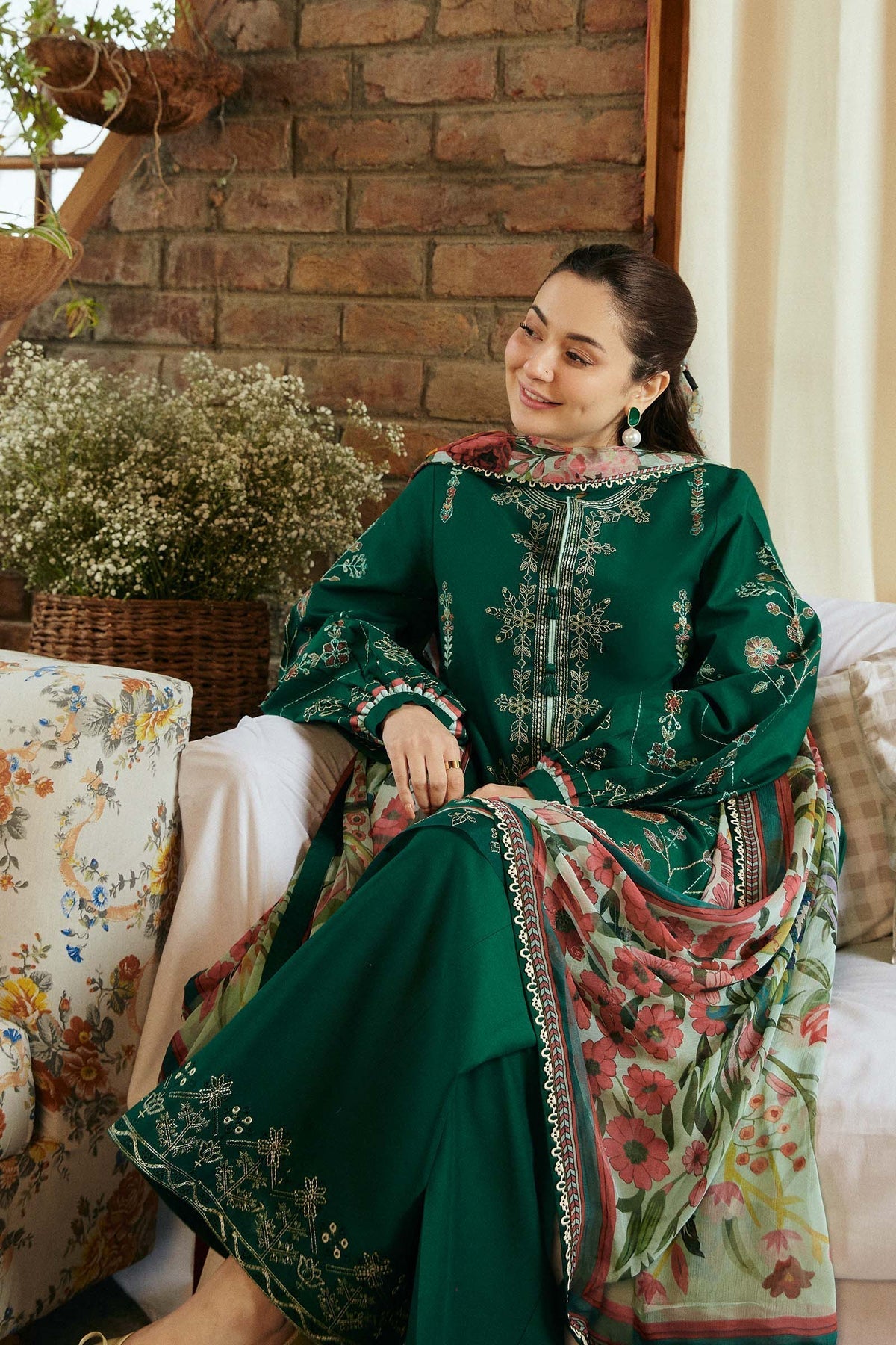 ZARA SHAHJAHAN-3PC LAWN EMBROIDERED SHIRT WITH MONARK PRINT DUPATTA & EMBROIDERED TROUSER-W.J-1510