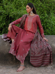 IZEL-3PC DHANAK EMBROIDERED SHIRT WITH WOOL PRINTED SHAWL & TROUSER-W.J-5017