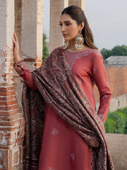 IZEL-3PC DHANAK EMBROIDERED SHIRT WITH WOOL PRINTED SHAWL & TROUSER-W.J-5017