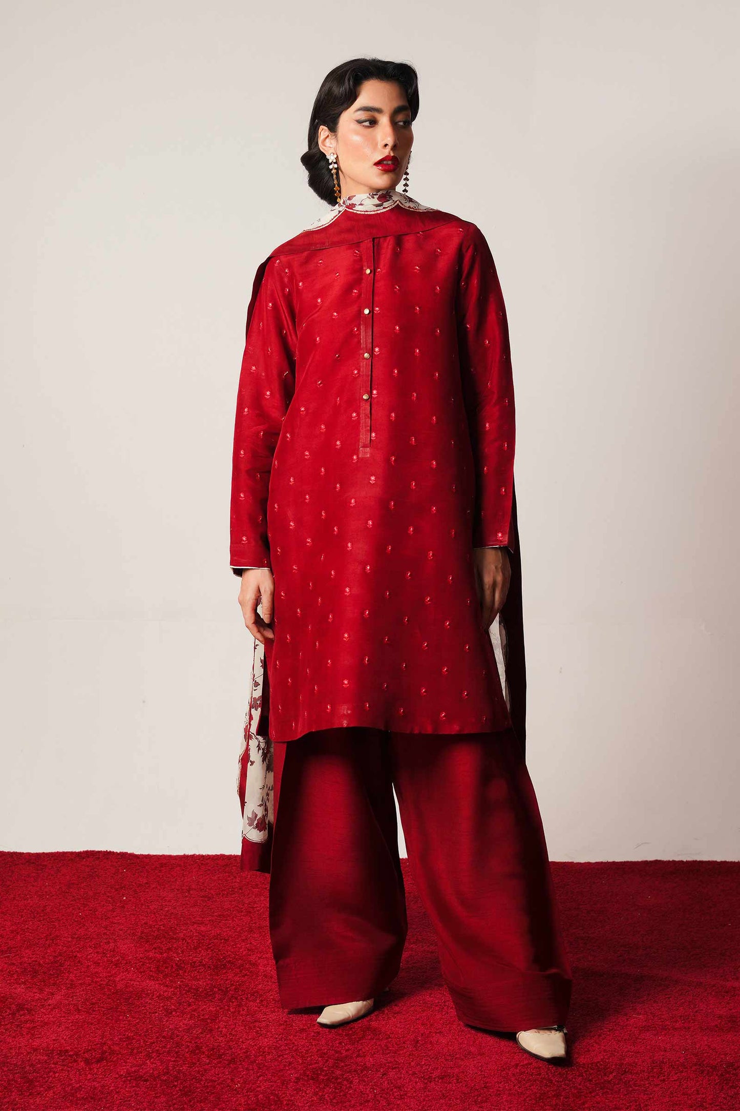 ZARA SHAHJAHAN - 3PC DHANAK EMBROIDERED SHIRT WITH COUTURE WOOL PRINTED SHAWL AND DHANAK TROUSER-W.J-1159