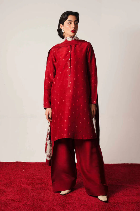ZARASHAHJAHAN-3PC DHANAK EMBROIDERED SHIRT WITH COUTRAI WOOL PRINTED SHAWL AND DHANAK TROUSER-W.J-1806
