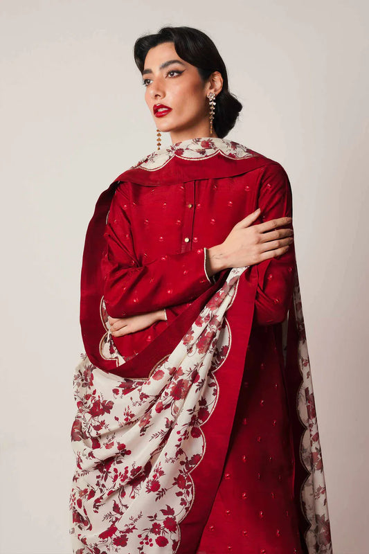 ZARASHAHJAHAN-3PC DHANAK EMBROIDERED SHIRT WITH COUTRAI WOOL PRINTED SHAWL AND DHANAK TROUSER-W.J-1806