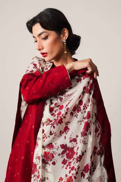 ZARA SHAHJAHAN - 3PC DHANAK EMBROIDERED SHIRT WITH COUTURE WOOL PRINTED SHAWL AND DHANAK TROUSER-W.J-1159