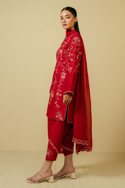 ZAHRA SHAHJAHAN - 3PC DHANAK EMBROIDERED SHIRT DHANAK EMBROIDERED DUPATTA AND TROUSER-W.J-1111