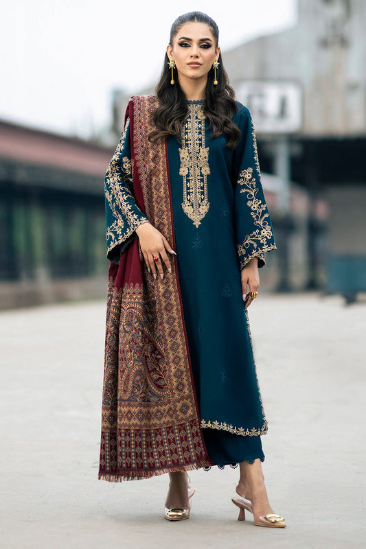 IZEL-3PC DHANAK EMBROIDERED SHIRT WITH COURTRAI PRINTED SHAWL & TROUSER-WJ-1936