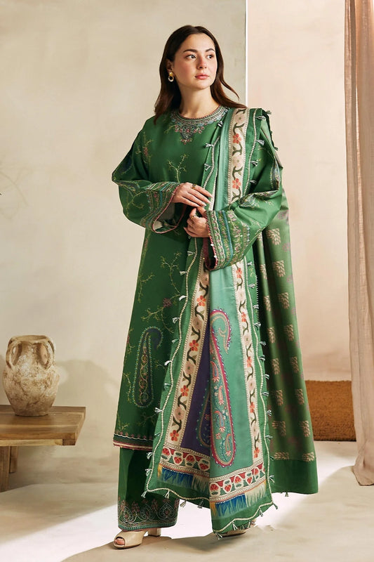 ZARA SHAH JAHAN - 3PC DHANAK EMBROIDERED SHIRT WITH WOOL PRINT SHAEL AND TROUSER-W.J-1276