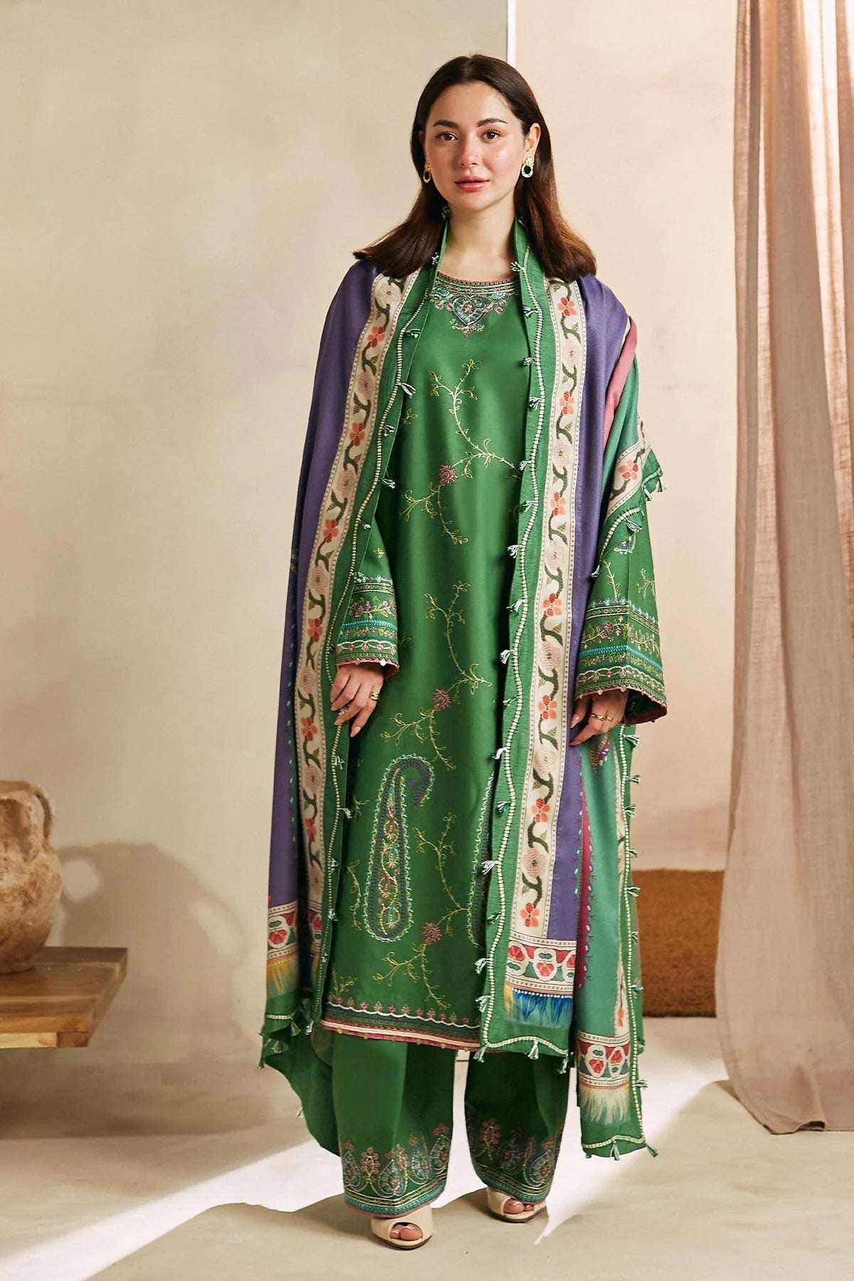 ZARA SHAH JAHAN - 3PC DHANAK EMBROIDERED SHIRT WITH WOOL PRINT SHAEL AND TROUSER-W.J-1276