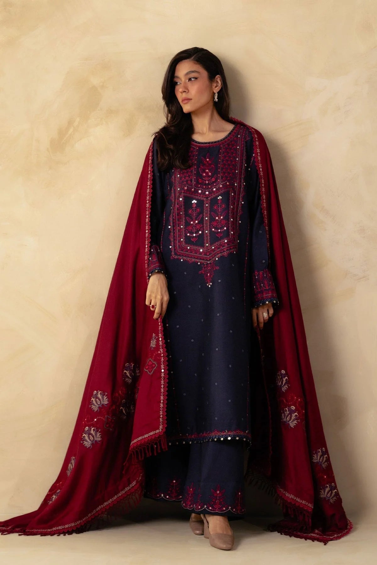 ZARA SHAH JAHAN - 3PC DHANAK EMBROIDERED SHIRT WITH DHANAK EMBROIDERED SHAWL& TROUSER-W.J-1015