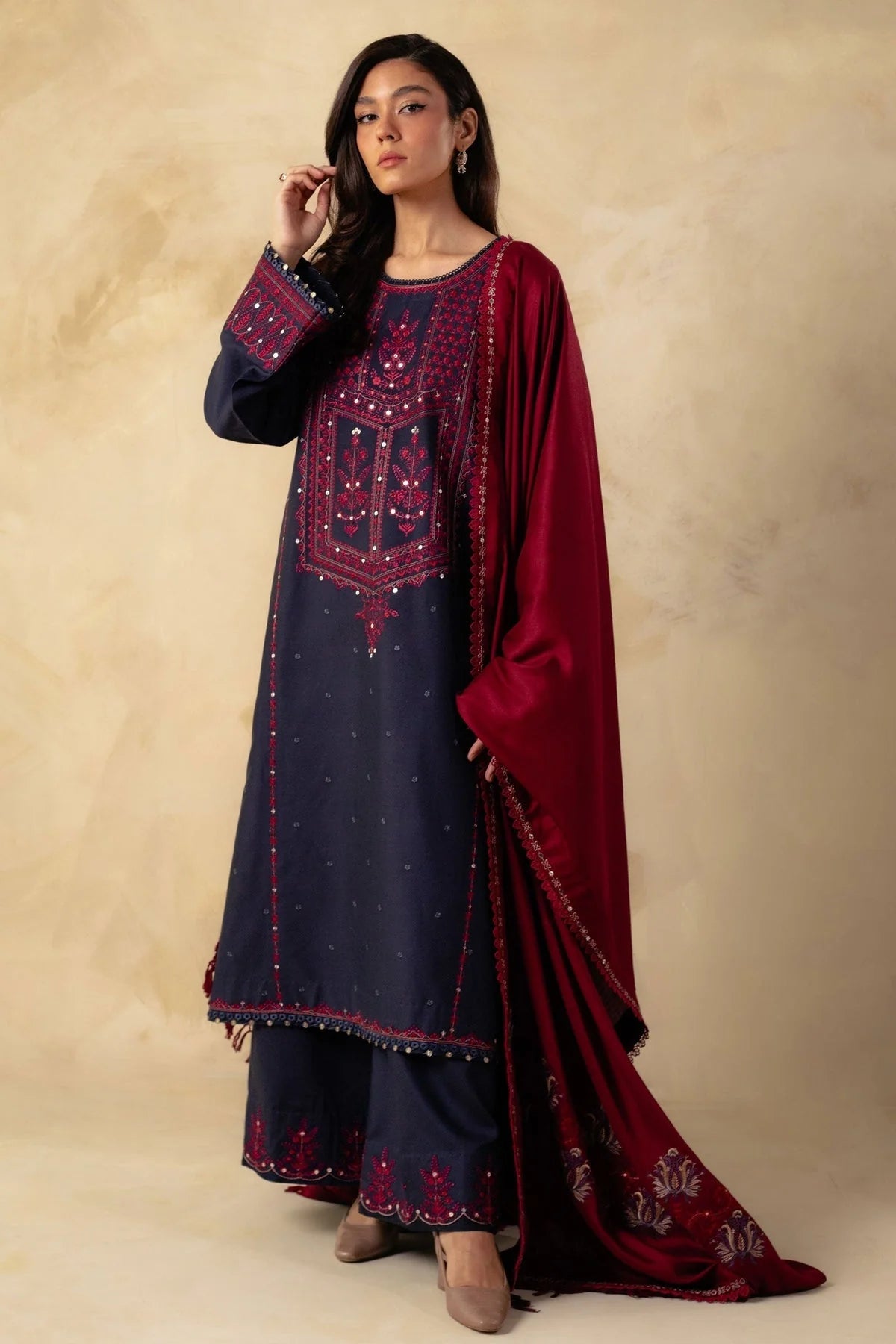 ZARA SHAH JAHAN - 3PC DHANAK EMBROIDERED SHIRT WITH DHANAK EMBROIDERED SHAWL& TROUSER-W.J-1015