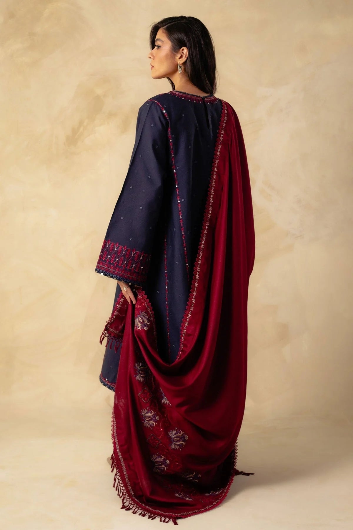 ZARA SHAH JAHAN - 3PC DHANAK EMBROIDERED SHIRT WITH DHANAK EMBROIDERED SHAWL& TROUSER-W.J-1015