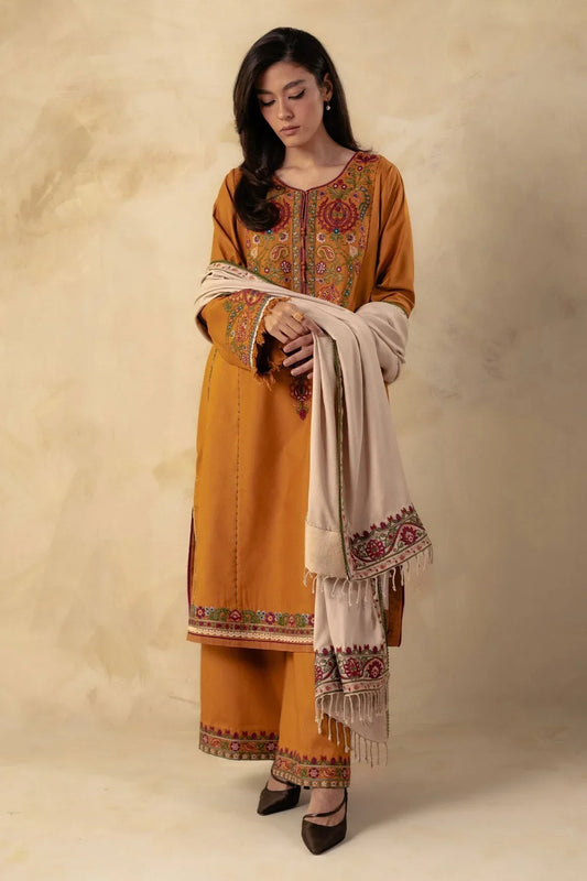 ZARA SHAHJAHAN - 3PC DHANAK EMBROIDERED SHIRT WITH DHANAK EMBROIDERED SHAWL AND TROUSER-W.J-1156