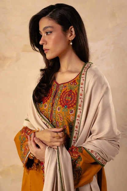 ZARA SHAHJAHAN - 3PC DHANAK EMBROIDERED SHIRT WITH DHANAK EMBROIDERED SHAWL AND TROUSER-W.J-1156