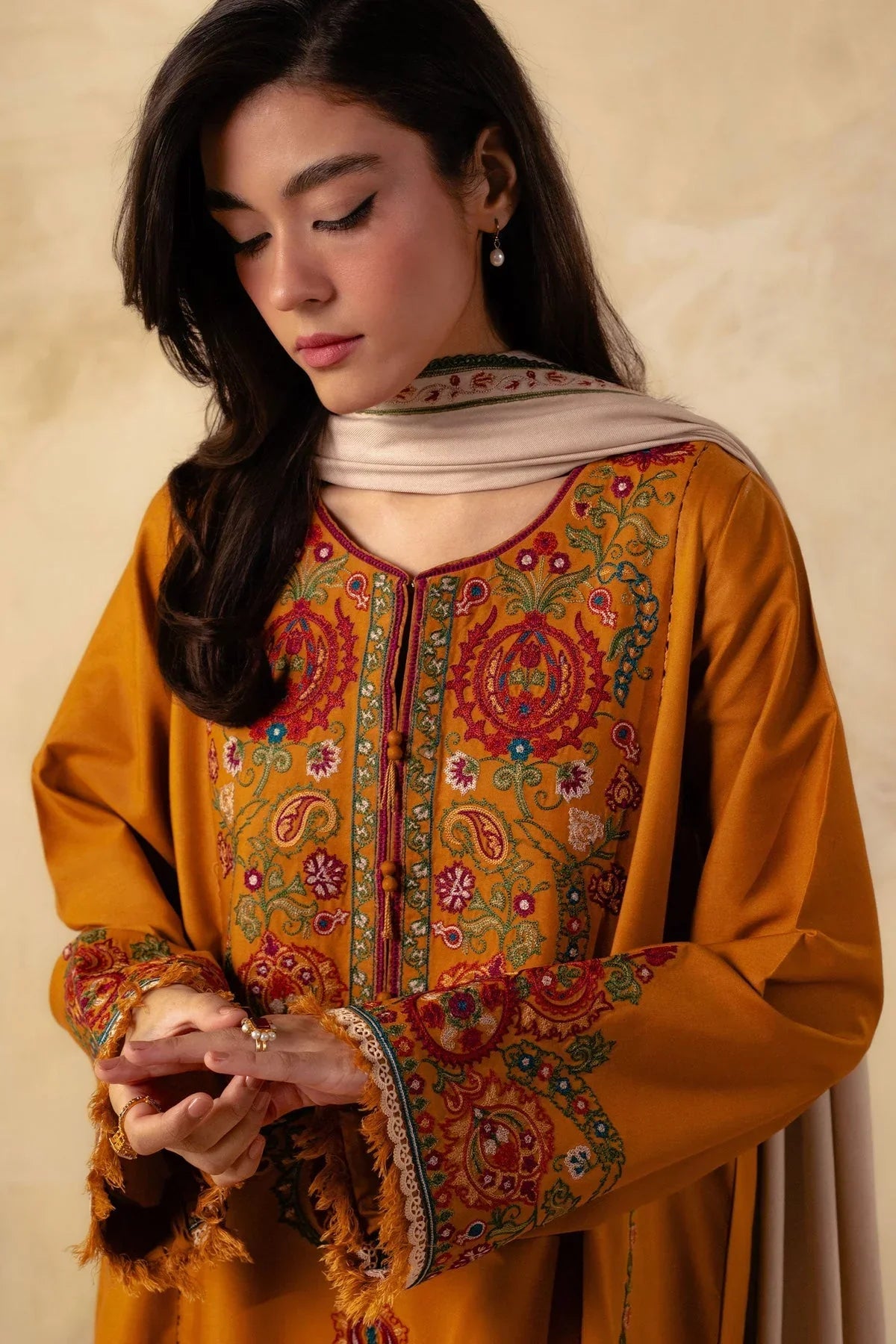 ZARA SHAHJAHAN - 3PC DHANAK EMBROIDERED SHIRT WITH DHANAK EMBROIDERED SHAWL AND TROUSER-W.J-1156