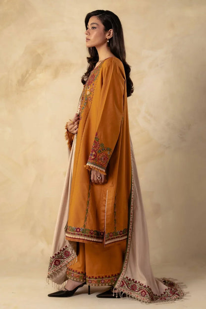 ZARA SHAHJAHAN - 3PC DHANAK EMBROIDERED SHIRT WITH DHANAK EMBROIDERED SHAWL AND TROUSER-W.J-1156
