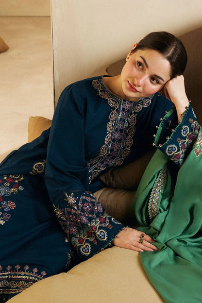 ZARASHAHJAHAN- 3PC DHANAK EMBROIDERED SHIRT DHANAK EMBROIDERED SHAWL AND TROUSER-W.J-1796