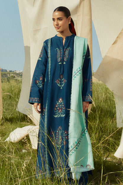 ZARA SHAHJAHAN- 3PC KHADAR EMBROIDERED SHIRT WITH WOOL PRINT SHAWL AND TROUSER-W.J-1080