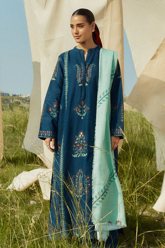 ZARA SHAHJAHAN- 3PC KHADDAR EMBROIDERED SHIRT WITH COURTAI WOOL PRINT SHAWL AND TROUSER-W.J-1784
