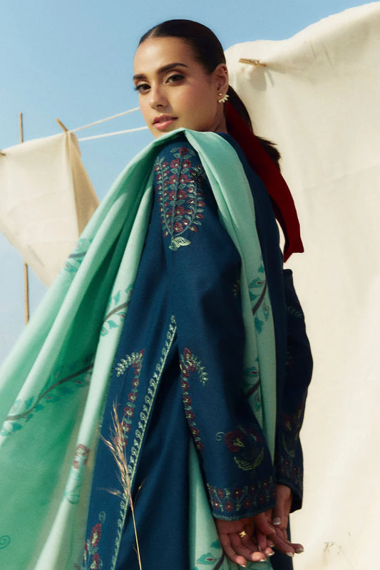ZARA SHAHJAHAN- 3PC KHADDAR EMBROIDERED SHIRT WITH COURTAI WOOL PRINT SHAWL AND TROUSER-W.J-1784