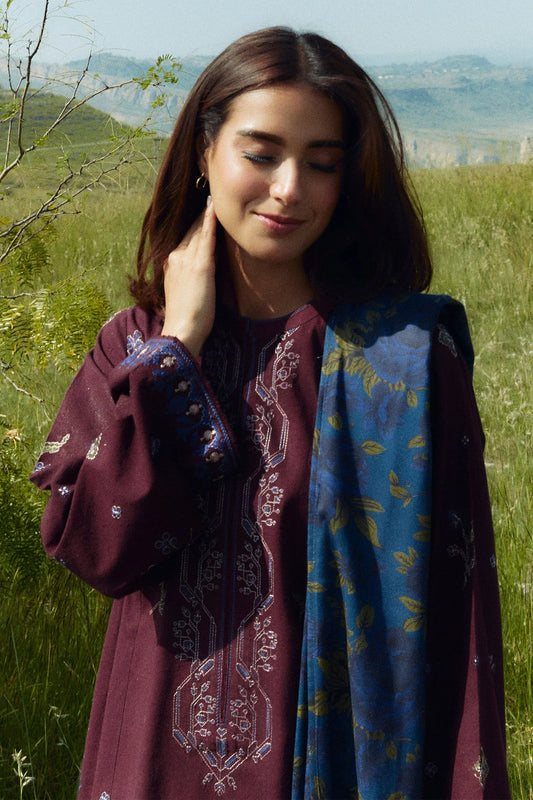 ZARA SHAH JAHAN-3PC DHANAK EMBROIDERED SHIRT WITH COURTRAI WOOL PRINTED SHAWL AND TROUSER-W.J-1022