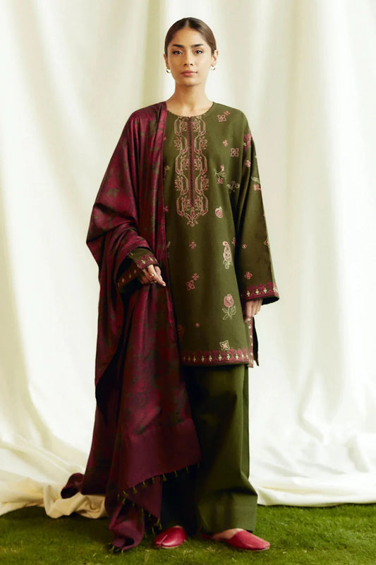 ZARA SHAH JAHAN- 3PC DHANAK EMBROIDERED SHIRT WITH COURTRAI PRINTED SHAWL AND TROUSER-W.J-1065