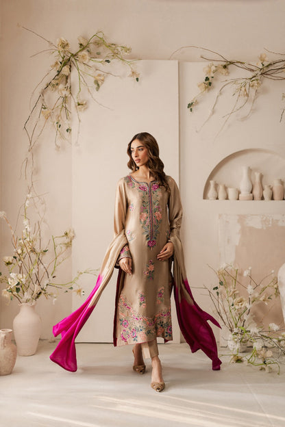 VINTAGE-3PC LAWN EMBROIDERED SHIRT WITH DYE & DYE CHIFFON DUPATTA AND TROUSER-W.J-1551