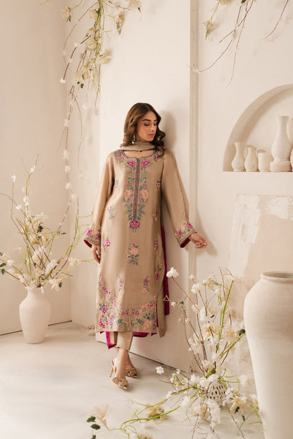 VINTAGE-3PC LAWN EMBROIDERED SHIRT WITH DYE & DYE CHIFFON DUPATTA AND TROUSER-W.J-1551