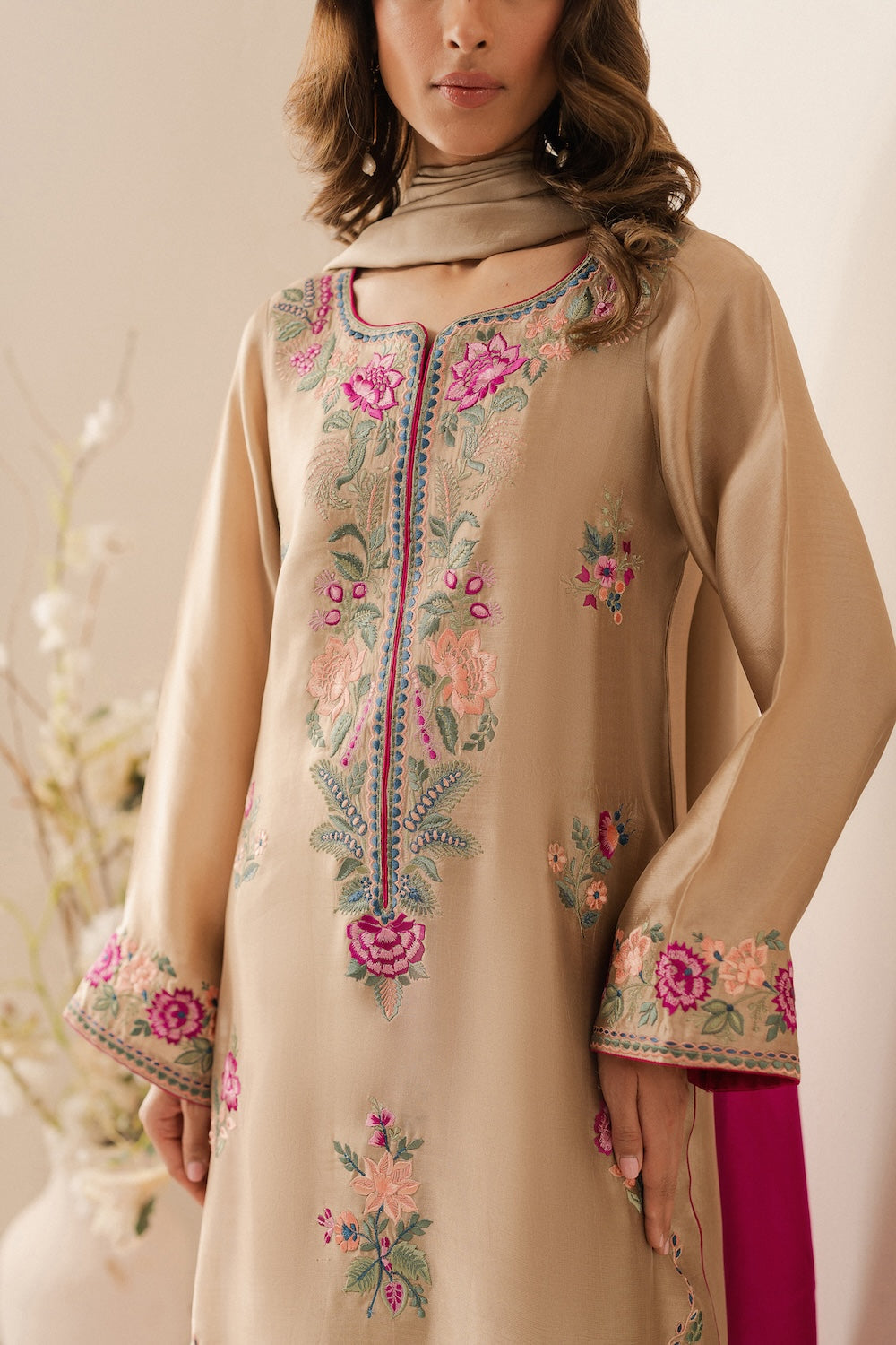 VINTAGE-3PC LAWN EMBROIDERED SHIRT WITH DYE & DYE CHIFFON DUPATTA AND TROUSER-W.J-1551