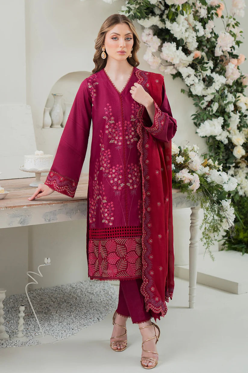 ZIVA- LAWN 3PC EMBROIDERED SHIRT WITH BAMBER CHIFFON EMBROIDERED DUPATTA WITH TROUSER  -W.J-1396