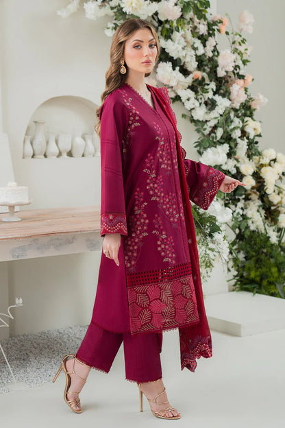 ZIVA- LAWN 3PC EMBROIDERED SHIRT WITH BAMBER CHIFFON EMBROIDERED DUPATTA WITH TROUSER  -W.J-1396