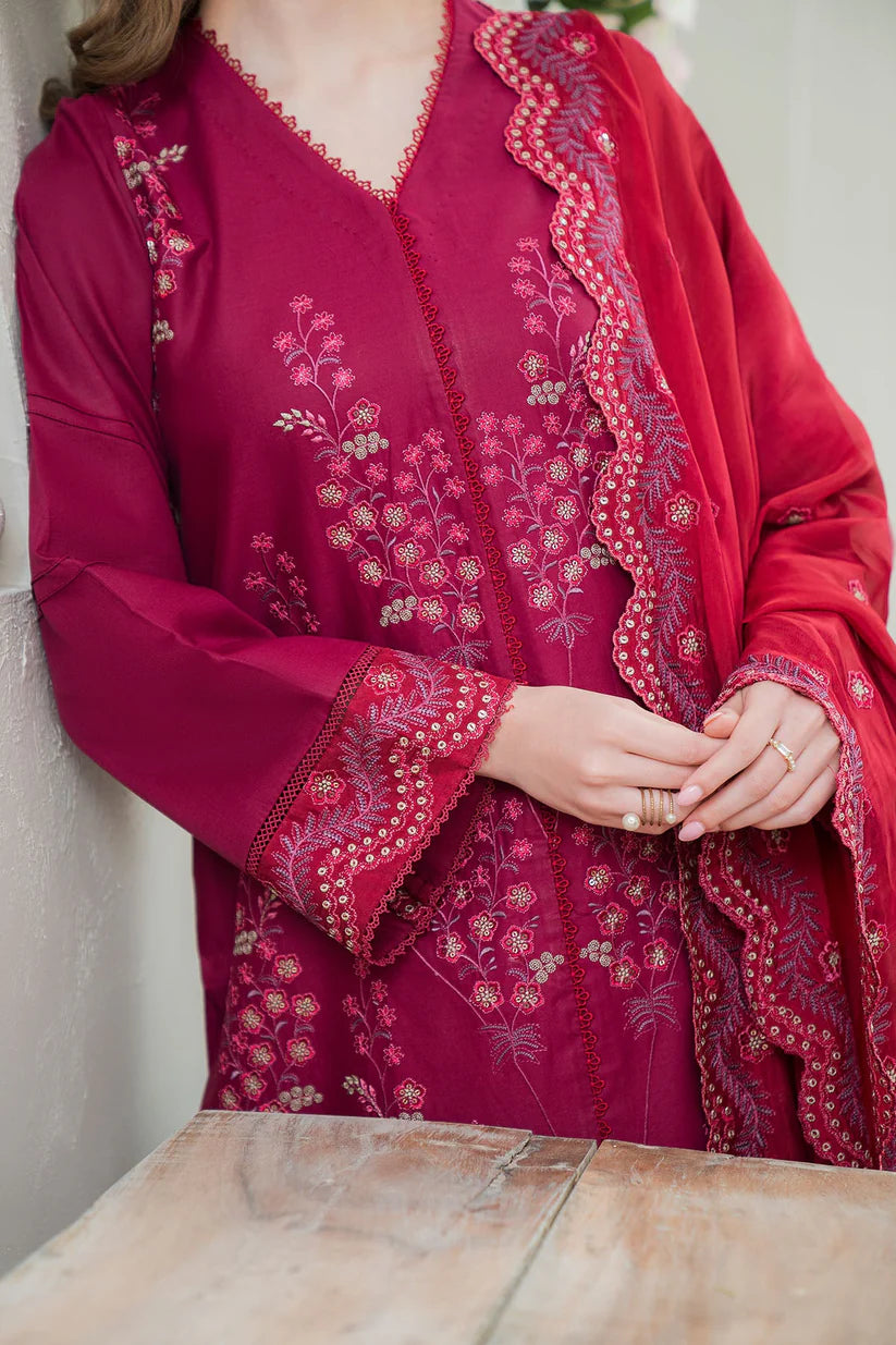 ZIVA- LAWN 3PC EMBROIDERED SHIRT WITH BAMBER CHIFFON EMBROIDERED DUPATTA WITH TROUSER  -W.J-1396