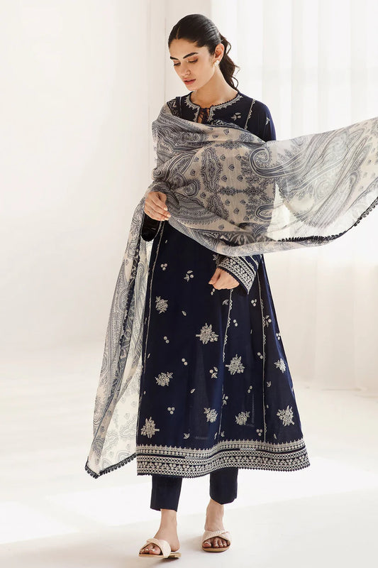 JAZMIN-3PC DHANAK SEQUENCE EMBROIDERED SHIRT WITH COUTRAI PRINTED SHAWL & DHANAK TOUSER-W.J-1831