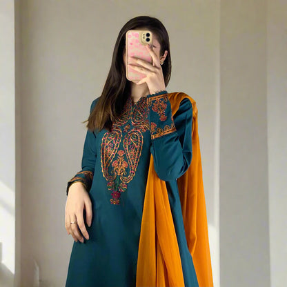 WearJora-3PC DHANAK EMBROIDRED SHIRT WITH WOOL SHAWL AND TROUSER-W.J-1024