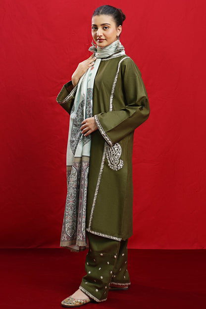 Urge- 3PC Dhanak Embroidered Shirt With Dhanak Twil Print Wool Shawl & Trouser-W.J-1014