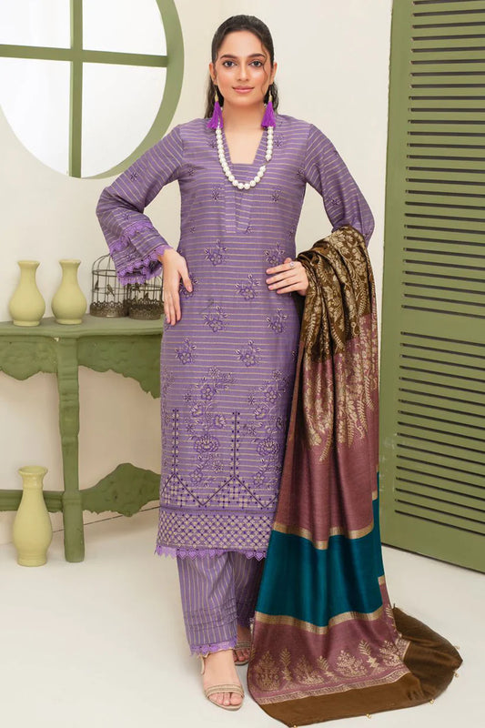 WearJora-3PC KHADAR CUTWORK EMBROIDERED SHIRT WITH KASHMIRI JACQUARD WOOL SHAWL-W.J-1792
