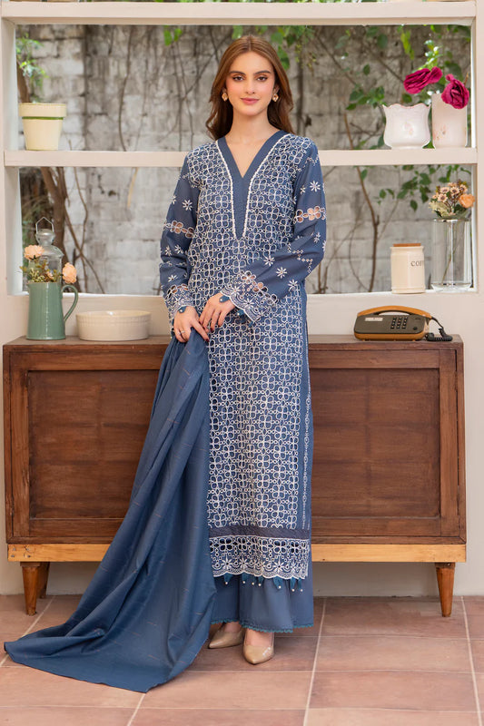 MIRAKHI-3PC LAWN CHIKENKARI EMBROIDERED SHIRT WITH LAWN TUBE SLUB DUPATTA-W.J-1694