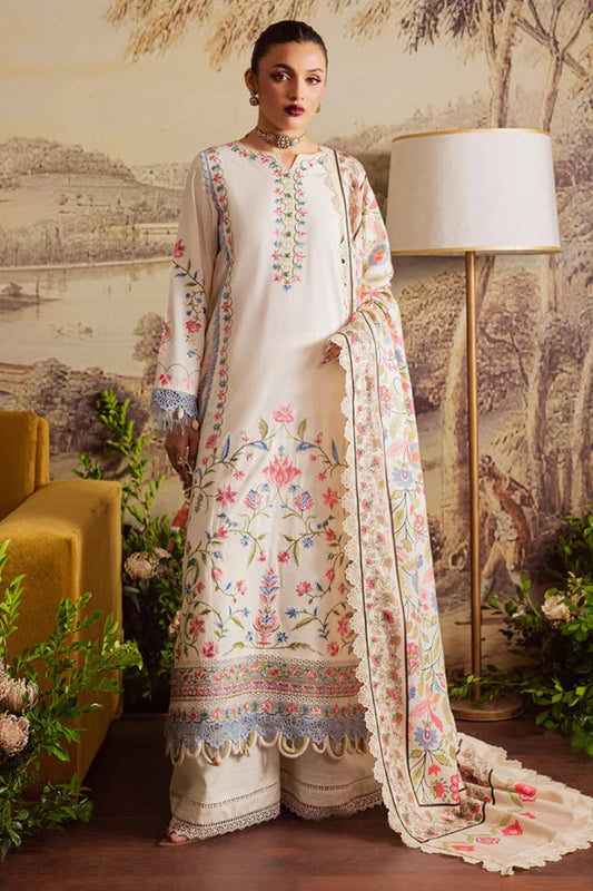 MAHNUR-3PC DHANAK EMBROIDERED SHIRT WITH COURTRAI PRINTED SHAWL & TROUSER-W.J-2037